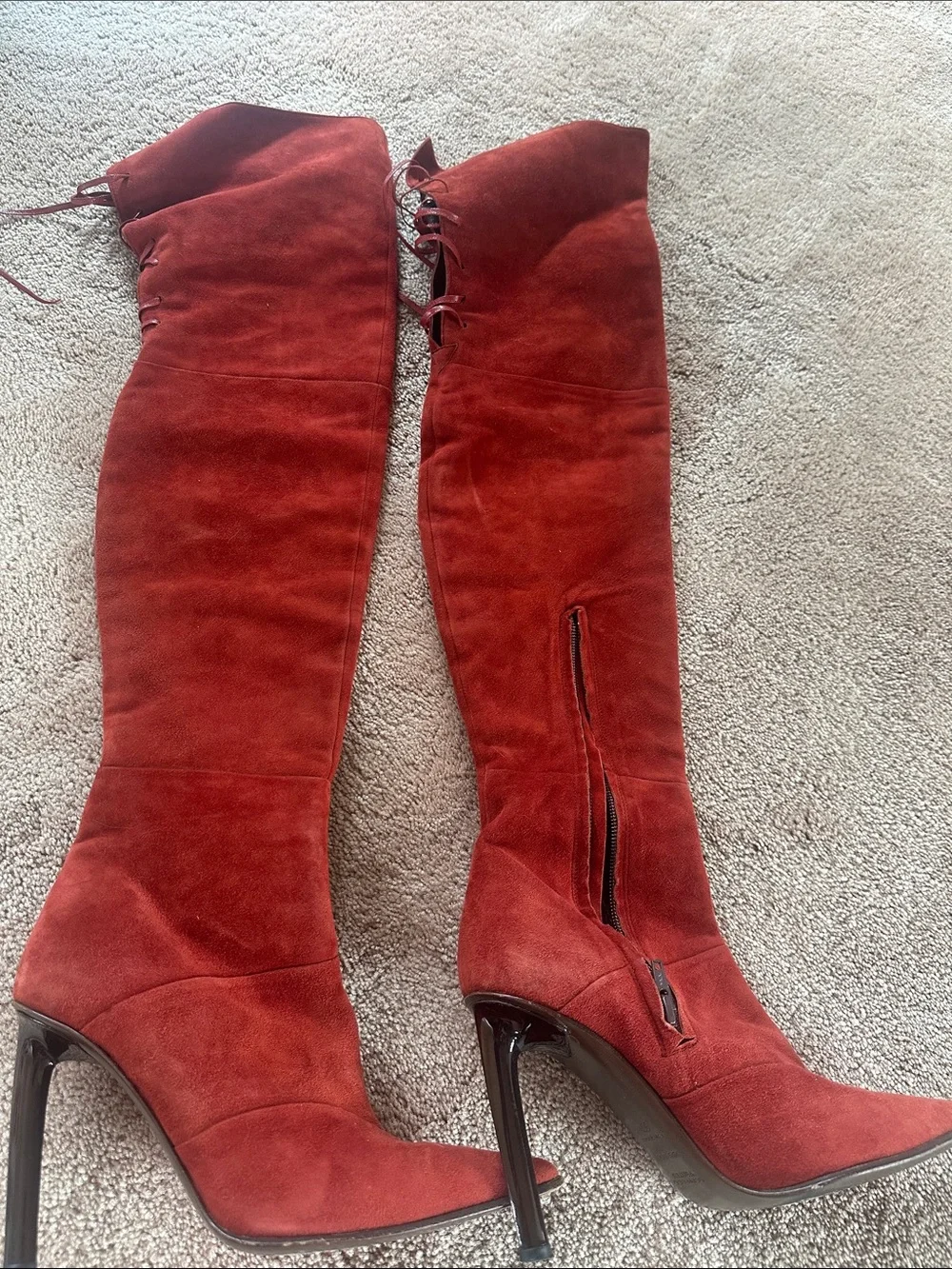 Women's Red Suede Over-the-Knee Pointed-Toe Stiletto Boots with part back laces